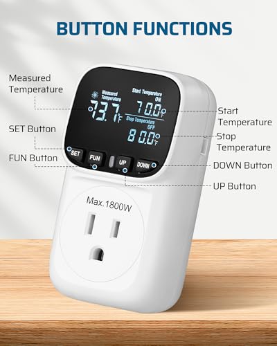 DEWENWILS Digital Temperature Controller, 2 Pack15A/1800W Thermostat Outlet Plug, VA Display Heating Cooling Control Timer, -40℉~210℉, Cyclic Timing/Countdown, for Cooling Fans and Heater - color: White, size: 2 Pack