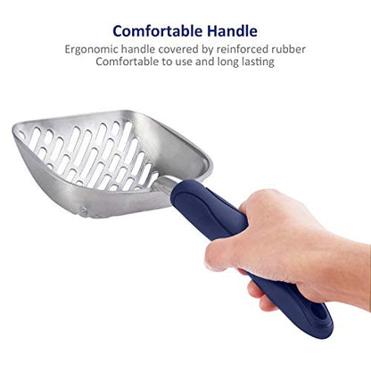 Cat Litter Scoop, Aluminum Alloy Sifter, Kitty Metal Scooper, Deep Shovel with Diagonal Sifting Hole, Long Handle, Kitten Poop Lifter for Litter Box, Large Size, Blue Handle - color: #01 Blue, size: Large