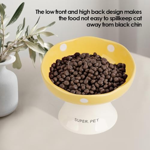 Ceramic Elevated Cat Bowls, Tilted Raised Pet Dish Anti Vomit Kitten Bowl for Indoor Cats, Whisker Friendly Pet Food and Water Bowl for Kitten, Cat, Puppies, Dishwasher Safe (Yellow) | Elevated, Ceramic, Whisker Friendly, Wide Opening, Anti Vomitin,Cute M