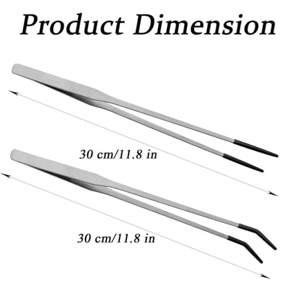 Booge 2 Pcs Stainless Steel Reptile Feeding Tongs with Rubber Tip, 11.8 Inch Straight and Curved Extra Long Tweezers for Lizards, Bearded Dragon, Snake