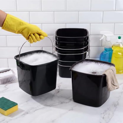 Zhehao 6 Pcs 3 Quart Bucket for Cleaning Small Sanitizer Bucket for Restaurant Square Plastic Pail with Handles for Home, Offices, Commercial Use, Food Service(Black) - color: Black