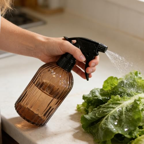 Brown Ribbed Glass Plant Spray Bottle 2 Pack, 13.5oz Adjustable Nozzle | Drip-free semi-transparent glass, fine mist to stream. Refillable for plants, cleaning, hair, pet care, eco friendly - color: Amber