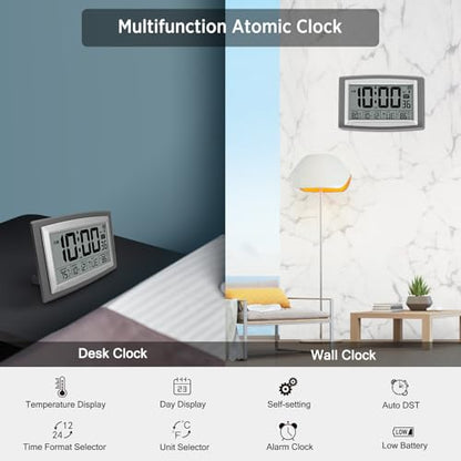Atomic Clock 12.5 Inch Self-Setting Digital Wall Clock | Indoor/Outdoor Temperature, Battery Operated Wall Clocks or Desk Clocks, Large Display for Classroom, Garage, Office - size: 12.5 INCH