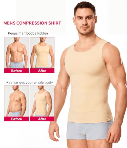 Gotoly Men's Compression Shirt Shapewear Slimming Body Shaper Vest | Man boobs slimming, double-layer tummy control, seamless round neck, invisible under fitted tees, 4-way stretch fabric - color: Beige, size: Small