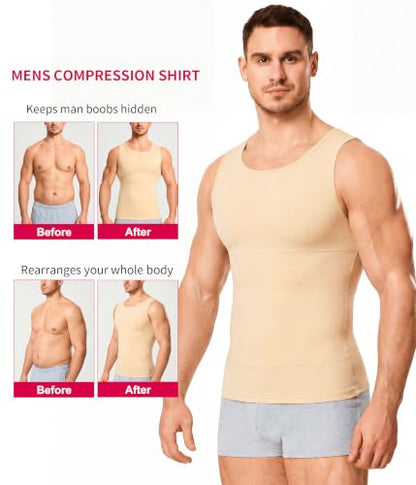Gotoly Men's Compression Shirt Shapewear Slimming Body Shaper Vest | Man boobs slimming, double-layer tummy control, seamless round neck, invisible under fitted tees, 4-way stretch fabric - color: Beige, size: Small