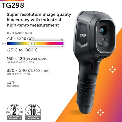 Flir TG298 Thermal Imaging Camera, 320x240 High-Temp Spot IR, Laser | 160x120 native IR, MSX, high-temp use, trending/logging/alarms, IP54, strap, pouch - style: TG298