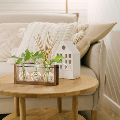 YIBOT Wall Hanging Planter Propagation Station 3 Bulb Glass Flower Vase | Plant Terrarium with Wooden Stand, Hydroponics Plants, Bathroom, Home Office Living Room Decor Gift - size: 3Bulb-M