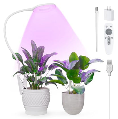 Clip On Full Spectrum LED Grow Light for Indoor Plants | Remote Control, 4/8/12H Auto Timer, 3 Lighting Modes, 10 Brightness Levels, Adjustable Gooseneck, For Small Plants