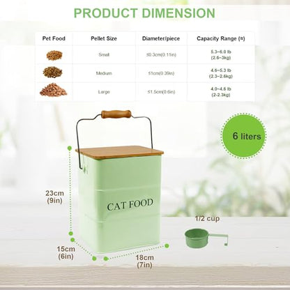 Cat Food storage container Cat Treats Jar,5~6 lb Metal food treats tin for Cat, pet snacks Canisters with wooden lid/handle/sevice scoop-Green - color: Cat-Green