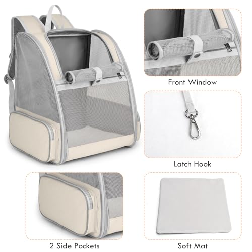 Cat Backpack Carrier, Large Pet Carrier Backpack with Kitten Wand Feather Toy for Medium Small Dog Cat Puppy Kitty Bunny up to 15lbs, Ventilated Mesh Kitten Bookbag for Travel Walking Outdoor (Beige) - color: Beige