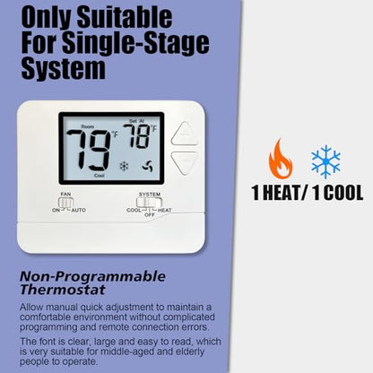Heagstat H701 Non-Programmable Thermostat for Home up to 1 Heat/1 Cool | Manual Operation Cooling & Heating, White Backlight - color: White Backlight