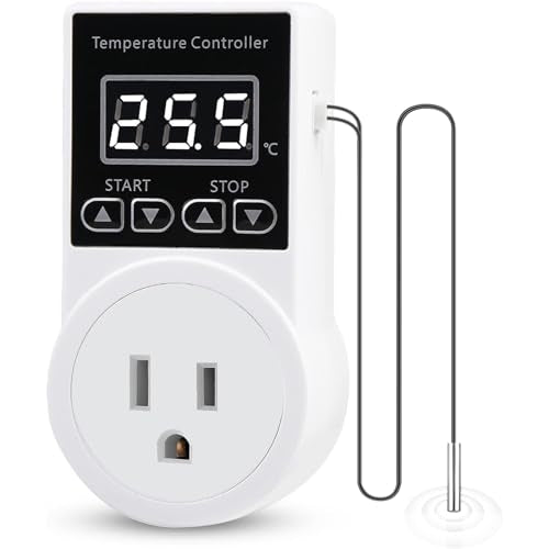Digital Thermostat Plug Socket, Only Celsius Display LCD Screen Temperature Controller with Waterproof Sensor Probe, Heating Cooling Temperature Switch Outlet for Reptile Greenhouse Terrarium