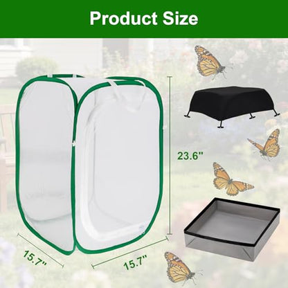 Butterfly Habitat Cage 15.7" x 15.7" x 23.6", Pop-up Caterpillar Enclosure with Poop Tray for Easy Clean, Outdoor Monarch Butterfly & Insect Net Cages Terrarium with Sunshade Top. - size: 15.7" x 15.7" x 23.6"