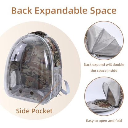 Expandable Cat Carrier Backpack with Bubble Window, Camo | Breathable mesh, anti-collapse frame, side door, safety leash and escape-resistant zippers for vet visits and outdoor travel. - color: Camo
