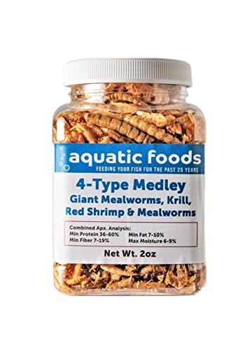 4-Type Medley Mix of Freeze Dried Superworms, Krill, Red Shrimp, Mealworms for Reptiles, Turtles, Tortoises, Frogs, Hamsters, Birds, Rodents…2oz Small Jar