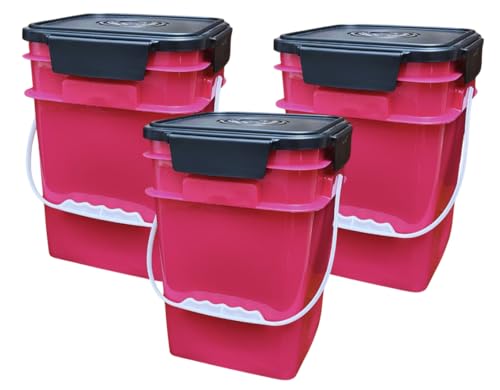 4 Gallon Square Food Grade Bucket Pail with Plastic Handles and Lid (Pack of 3) Made in USA containers (Magenta - Black lids) - color: Magenta - Black Lids