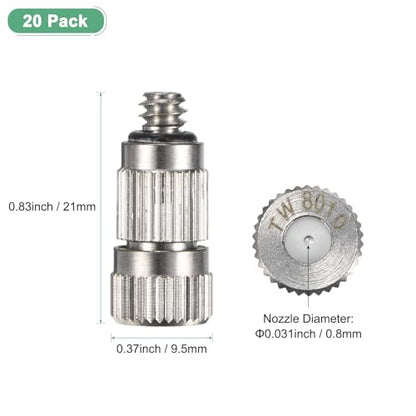 M METERXITY 20-Pack Brass Misting Nozzles, 0.031"/0.8mm Orifice Mister Nozzles Brass, High Pressure Spray Misting Nozzle Head for Outdoor Cooling System/Greenhouse/Landscaping [3/16] - size: 0.8mm