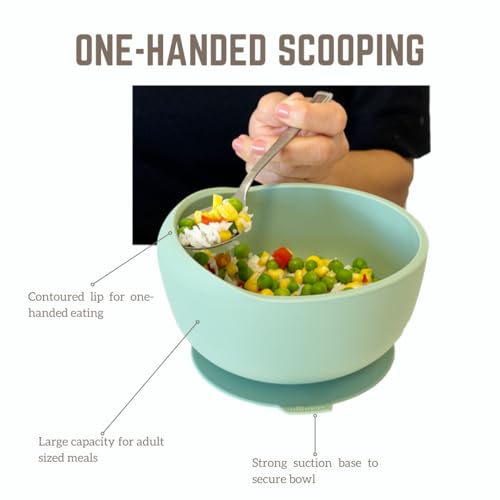 Modaliv Adaptive Silicone Scooper Bowl with Suction Base, Sage Green | Non-Slip Feeding Bowl with Raised Lip for Adults & Seniors with Parkinson's, Tremors & Limited Mobility