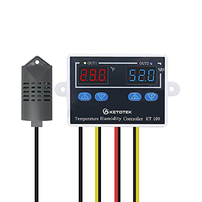 KT100 Humidity Temperature Controller 120V Thermostat Humidistat Control | 10A Direct Output with 1.5m Temperature Humidity Sensor 10~99%RH, -58~176°F