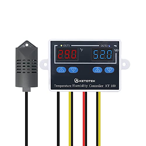 KT100 Humidity Temperature Controller 120V Thermostat Humidistat Control | 10A Direct Output with 1.5m Temperature Humidity Sensor 10~99%RH, -58~176°F