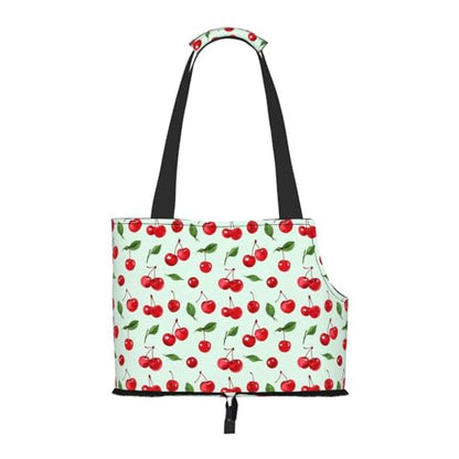 Small Pet Carrier Purse Bag, Red Cherries & Leaves Print Shoulder Bag for Dogs Cats, Puppy Tote Travel Handbag - color: Red Cherries & Leaves