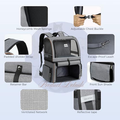 Double Cat Backpack Carrier for 2 Cats, Double-Compartment Pet Carrier Backpack for Two Small Cat or One Medium Cat, Cats Carrier Backpack Dog Carrier Backpack Fits Up to 24 Lbs,Grey - color: Grey