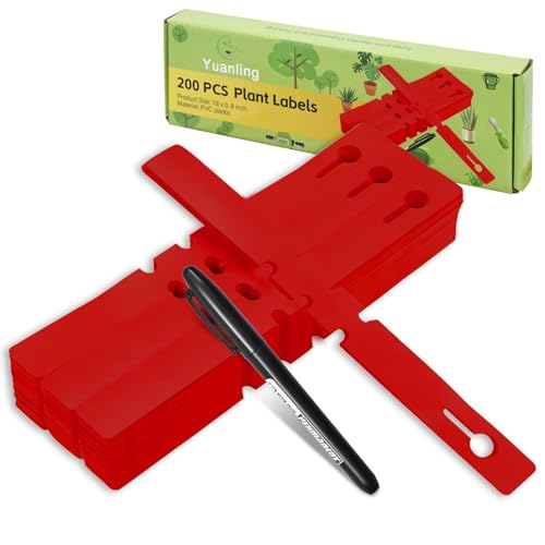 Plant Labels 200 Pcs Yuanling Plastic Plant Tree Tags Wrap Around Hanging Tags Nursery Tree Markers Adjustable Garden Labels for Indoor Outdoor Gardening Plants (Red with 1 Marker Pen) - color: Red