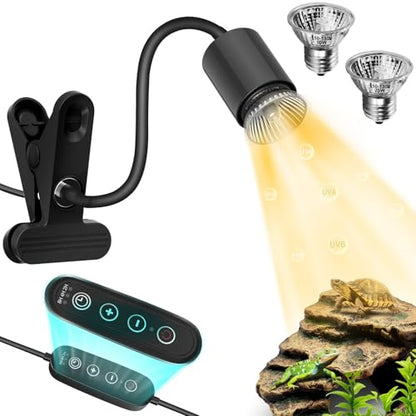 GOZILLA Reptile Heat Lamp, Turtle Lamp with 360° Goose Neck Rotatable Timing & Dimming Cycle Timer, 25W+50W UVA/UVB Reptile Light Bulbs for Reptiles and Amphibian Tanks, Terrariums and Cages.(Black) - color: Goose Neck-Black