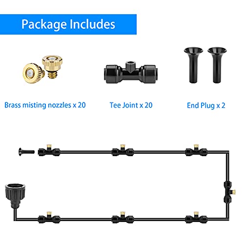 Brass Mister Nozzles 20 Pack with Misting Nozzle Tees & End Plugs | 20 Pack Misting Nozzle Tees, 2 Pack End Plugs, Outdoor Cooling System, Patio Misting System - size: 20 Brass Nozzles+20 Nozzle Tees+2 End Plugs
