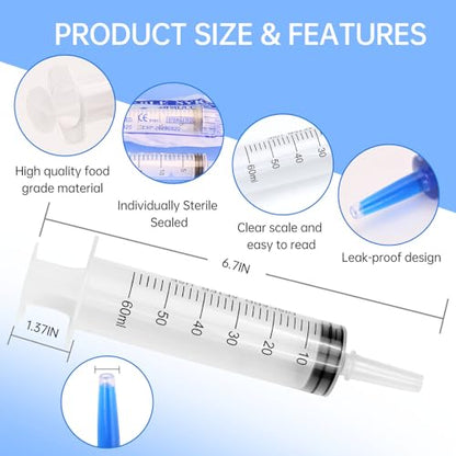 10 Pack 60ml Syringes Without Needle, Sterile & Individually Sealed, Large Plastic Syringes for Liquid, Precise Measuring for Pet Feeding, Scientific Labs & Dispensing - size: 60ml