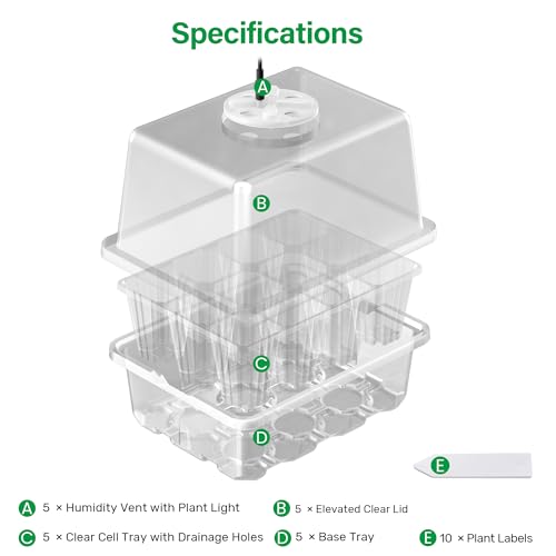 Seed Starter Trays with 12-LED Grow Lights, Clear, 5 Pack | 5 clear-base seedling kits, 60 cells, 12-LED grow light per tray, vented humidity domes, drainage holes, 1-to-5 USB cable - color: Clear, size: 5 Packs