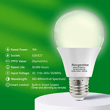 Smart Grow Light Bulbs for Indoor Plants, Programmable Timer and Dim | Full Spectrum Plant Grow Bulbs, Dimmable, 9W, E26/27, 4500K, Remote Control, Sun Mimics Mode, Daily Auto On/Off, 2Pack - size: 2 Pack