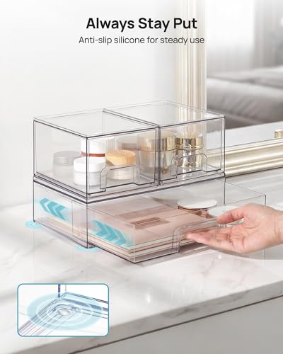 Vtopmart Stackable Storage Drawers Set of 4, Clear Plastic Organizer Bins for Bathroom Supplies,Ideal for Cabinet,Pantry,Laundry Room Organization - style: 2 Small+2 Wide