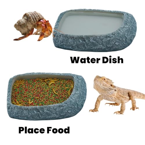Reptile Feeding Dish, Water Dish and Food Bowl, Resin Rock Reptile Feeding Terrarium Corner Bowls for Bearded Dragon Lizard Frog Gecko Tortoise Hermit Crab Snail