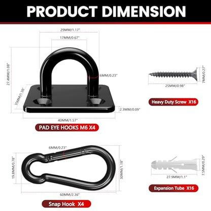 304 Stainless Steel Pad Eye Snap Hook, M6 Ceiling Hook 800Lb,8Pcs | Hanging Kit with Screws for Hammock Chair Swing, Yoga Gym Equipment, Sun Shade Sail, Plant Hangers & Marine Boat Hardware - size: 2.3 inch, style: Black Square