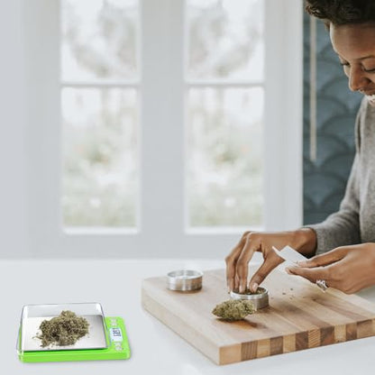 Fuzion Digital Scale .01 Gram Accuracy, 500g Small Kitchen Food Scales | 2 Trays Included for Jewelry, Gold, Herb, Powder, Spice, Coffee, Coin - Weight Gram and Oz - color: Green