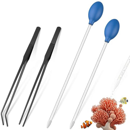 KABASI 4 in 1 Aquarium Coral Feeder Kit, 2PCS Coral Feeder with Tweezers | SPS Coral Feeder Long Arcylic Marine Reef Aquarium Syringe Liquid Fertilizer HPS Tube for Reef/Anemones/Eels/Lionfish