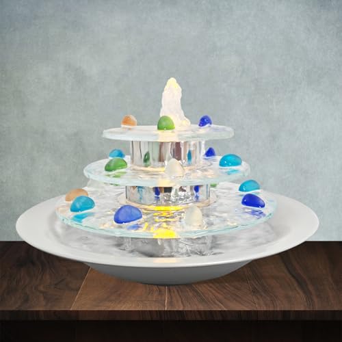 Pamopamo Indoor Tabletop Fountain 3-Tier Waterfall, Zen Meditation Fountain with LED Light, Small Desk Water Feature Soothing Sound Relaxing for Office Home Décor - size: 3-Tier Fountain