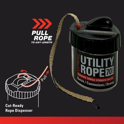 Rapid Rope Canister, 70ft Tan Tactical Paracord, 1100lb Test, USA Made | Heavy Duty Poly Rope Test Cord, Non-Tangle Dispenser Included, For Hiking, Camping, Survival, Utility, Stocking Stuffer, Gift - size: 70ft, style: Tan