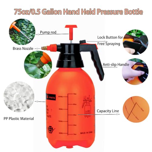 2 Pack Pump sprayers in Lawn and Garden, 2L Handheld Garden Pump Sprayer 0.5 Gallon Water Mist Spray Bottle for Plants, Weed Sprayer with Adjustable Brass Nozzle (2L Orange)