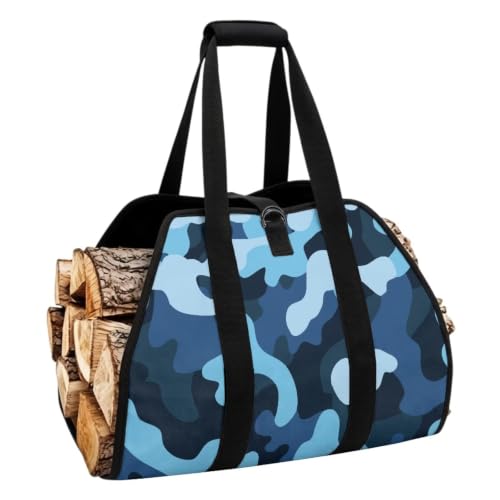 Blue Camo Print Firewood Carriers with Handles | Waterproof Fabric, Large Capacity, Open-Ended Design, for Daily Home Heating and Outdoor Camping - color: Multi Shade Blue Urban Camo Print