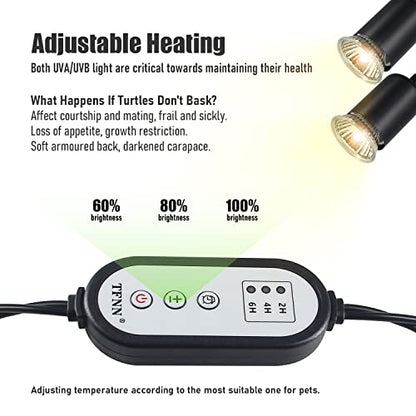 TFNN Reptile Heat Lamp, Double-Head Heat Lamp with Clamp, UVA UVB Reptile Light with Intelligent Cycle Timer for Turtle, Bearded Dragon, Lizard and More, 2 Bulbs 25W+50W