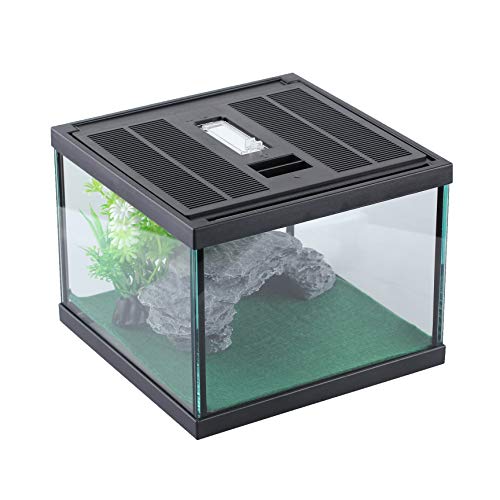 Glass Lizard Tank, Spider Box Kit, 7.8x7.8x5.9'' Tarantula Feeder Insects Beetle Habitat, Amphibians Terrarium for Small Pet, with Washable Mat, Resin Rock Shape Hideout, Artificial Flower | 1.55 US Gal For Baby Gecko And Small Insects, Vented Lockable Li