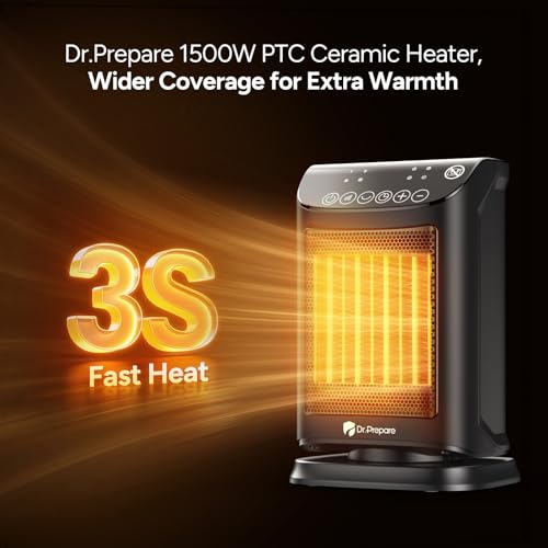 DR.PREPARE 1500W Small Space Heater for Indoor Use, Portable PTC Ceramic Electric Heater with Thermostat, Oscillation, Remote, 12H Timer, 3 Heat Modes + Fan + ECO Mode, Safe Heater for Office Bedroom - size: 9.7''H/ 70° Auto Oscillation