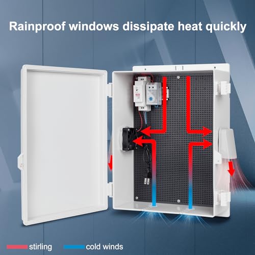 Namunanee Outdoor Electrical Box with Thermostat and Fan, ABS Water Resistant Enclosure with Internal Mounting Panel & Hinged Cover,16" H* 12" L* 5.9" W Plug & Play. - size: 16"H x 12"L x 5.9"W & Thermostat
