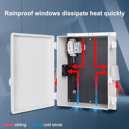 Namunanee Outdoor Electrical Box with Thermostat and Fan, ABS Water Resistant Enclosure with Internal Mounting Panel & Hinged Cover,16" H* 12" L* 5.9" W Plug & Play. - size: 16"H x 12"L x 5.9"W & Thermostat