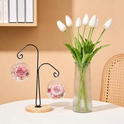 WRINGKIT 4 Pack Ornament Display Hanger Stand, Wood Base, Double Hook-Style | Sturdy Ornament Holder, Metal Air Plant Flower Pot Hanging Terrarium Stand for Christmas Halloween Decoration, Glass Globe