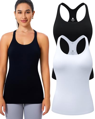 Women's Workout Tank Tops, with Built in Bra Racerback Sleeveless Camisole | Removable Pads, 1/2/3 Pack, A-D Cup, Hip Length, Low Support, Full Coverage, Camisole Sport Tanks, for Yoga Athletic Daily - color: Black White 2 Pack, size: Large
