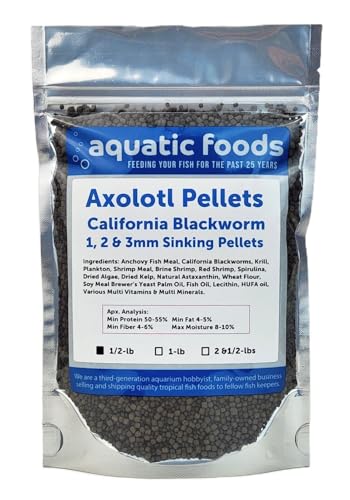 Axolotl Blackworm Pellets. 1mm, 2mm, 3mm Size Mix of Sinking California Blackworm Micro Pellets for All Axolotl, Frogs, Shrimp, Salamanders, Newts, Snails…1/2-lb Pouch Bag - size: 8 Ounce (Pack of 1)