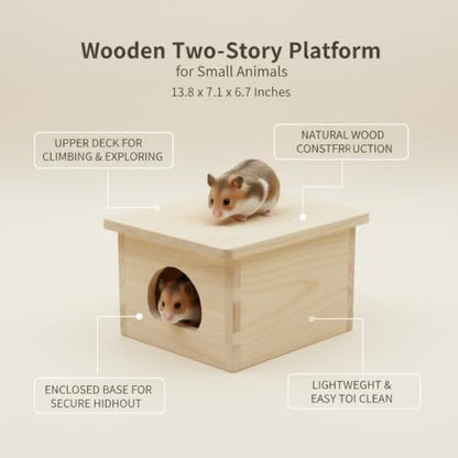 Natural Wood Two-Story Reptile Hideout with Enclosed Base and Open Upper Deck, Durable Habitat Decor for Terrarium, 13.8 x 7.1 x 6.7 Inches